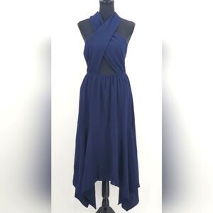 Vici Marisol Halter Cutout Midi Dress Size Large Womens Navy Blue Tiered